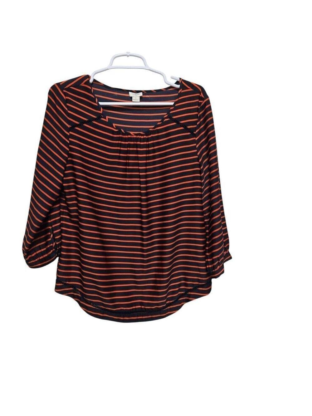 J Crew Navy Orange Stripe Popover Blouse Small Flowy Top